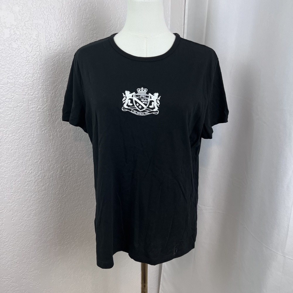 Lauren Ralph Lauren Top Womens Large Black Crest Embroidered Preppy Ivy League - Picture 2 of 9
